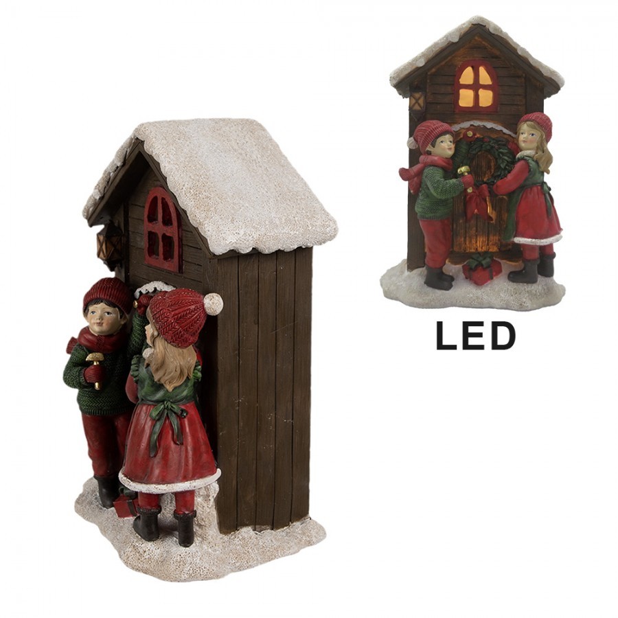 Hnědá vánoční dekorace svítící domek s dětmi - 13*10*20 cm Clayre & Eef Hnědá vánoční dekorace svítící domek s dětmi - 13*10*20 cm Clayre & Eef