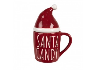 Červený keramický hrnek s čepkou Santa Candy - 12*9*17 cm / 300 ml