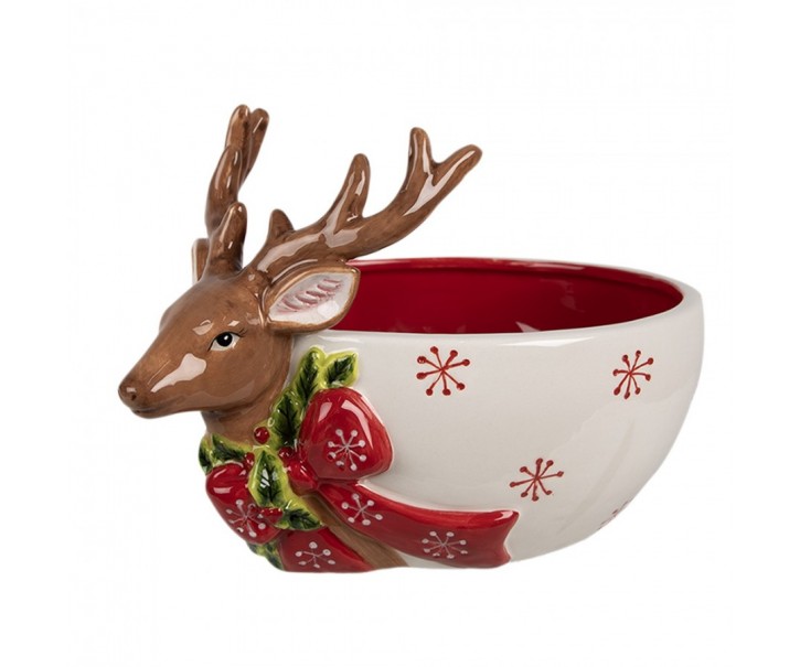 Dekorativní bíločervená keramická miska s jelenem Deer - 21*16*7 / 14 cm / 700 ml Clayre & Eef