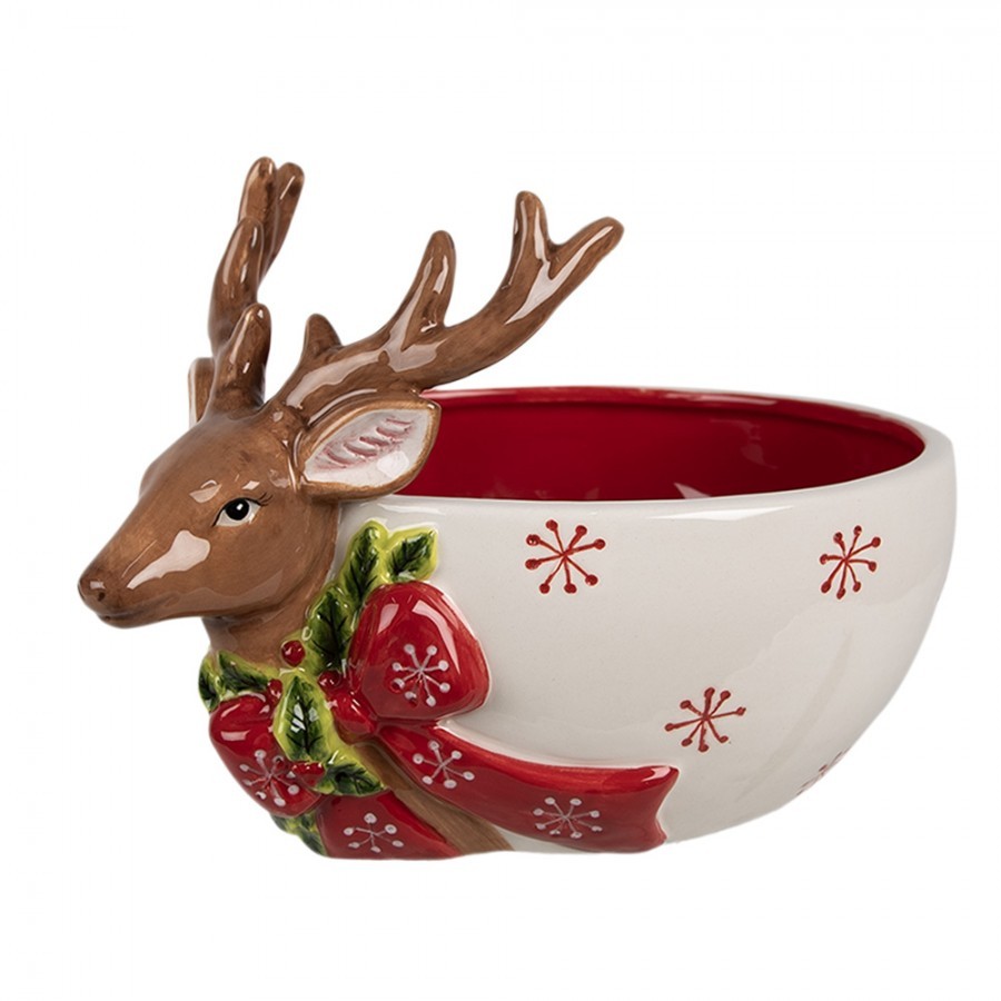 Dekorativní bíločervená keramická miska s jelenem Deer - 21*16*7 / 14 cm / 700 ml