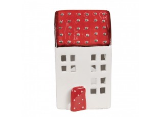 Bílo-červený svícen porcelánový domek - 8*8*15 cm