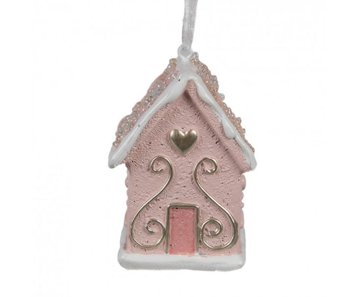 Závěsná růžová ozdoba perníková chaloupka Gingerbread House - 4*4*6 cm Clayre & Eef