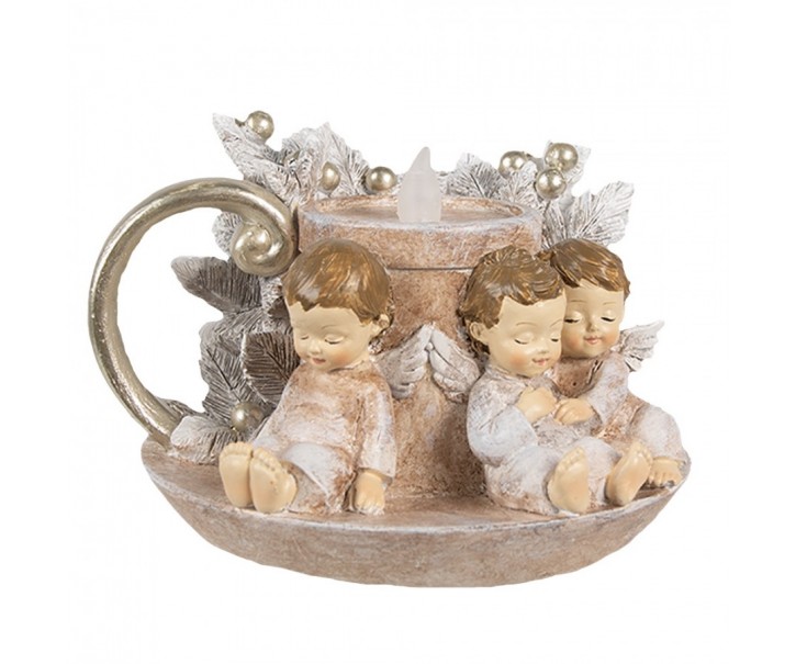 Vánoční dekorace svícen s andílky a led světýlkem Angel - 14*13*10 cm Clayre & Eef