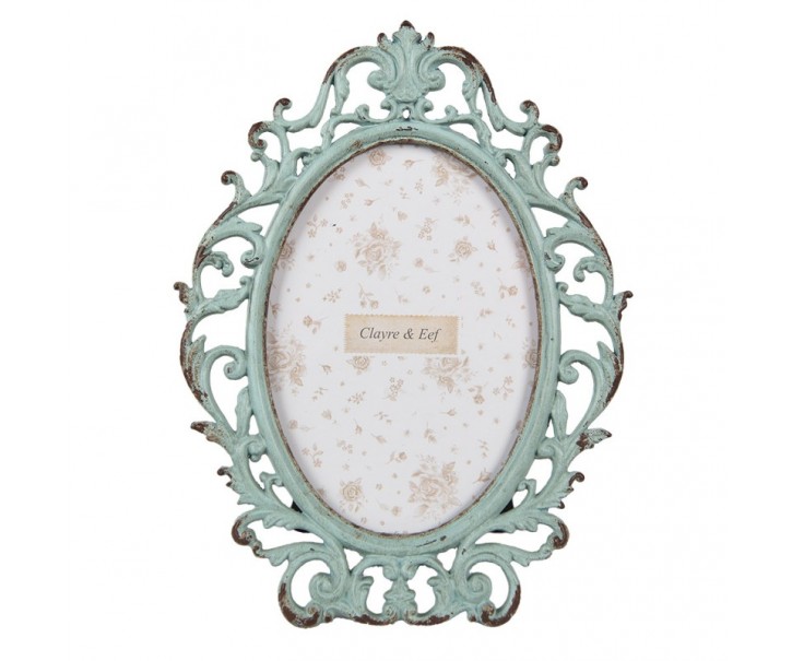 Zelený antik kovový oválný fotorámeček se zdobením - 14*2*18 cm / 9*13 cm Clayre & Eef