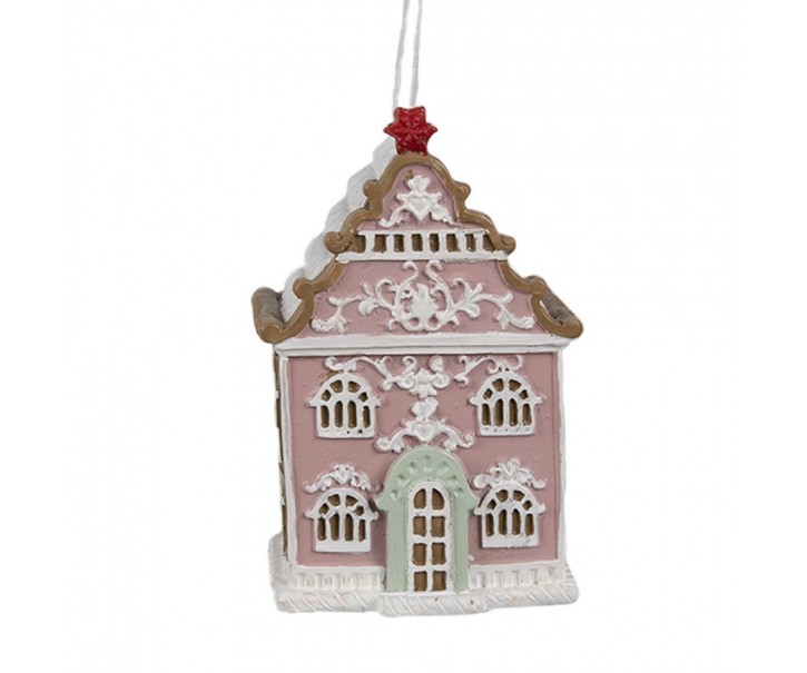 Závěsná vánoční růžová ozdoba perníková chaloupka Gingerbread - 6*4*9 cm Clayre & Eef