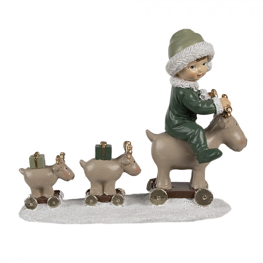 Zelená vánoční dekorace chlapec na sobech Children - 17*8*14 cm Clayre & Eef Zelená vánoční dekorace chlapec na sobech Children - 17*8*14 cm Clayre & Eef