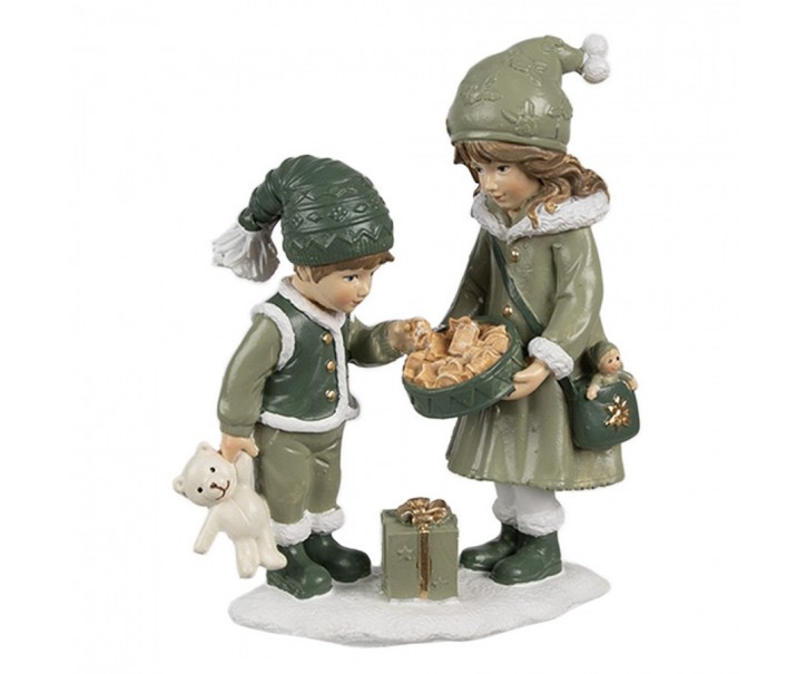 Zelená vánoční dekorace děti s dárečkem a medvídkem - 10*5*13 cm Clayre & Eef