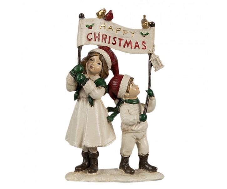 Béžová vánoční dekorace děti s nápisem Happy Christmas - 14*7*23 cm Clayre & Eef