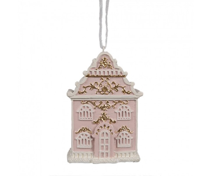 Růžová závěsná vánoční ozdoba perníková chaloupka Gingerbread - 6*4*9 cm Clayre & Eef