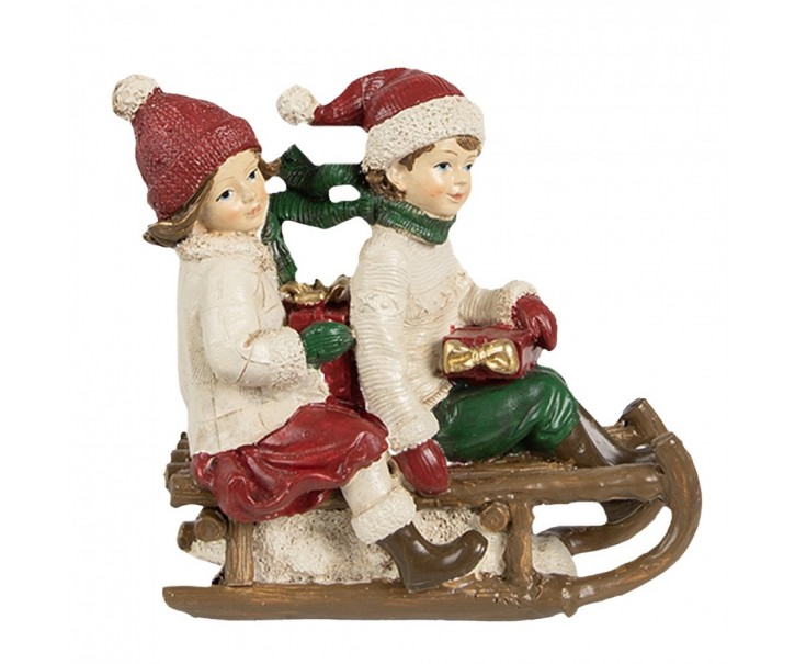 Barevná vánoční dekorace děti na sáňkách s dárky - 12*6*11 cm Clayre & Eef