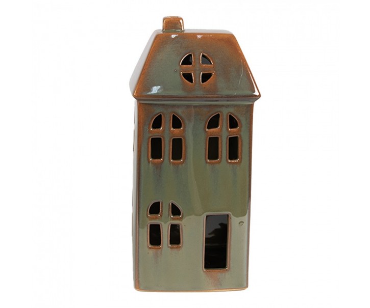 Hnědo-zelený porcelánový svítící domek - 7*6*15 cm Clayre & Eef