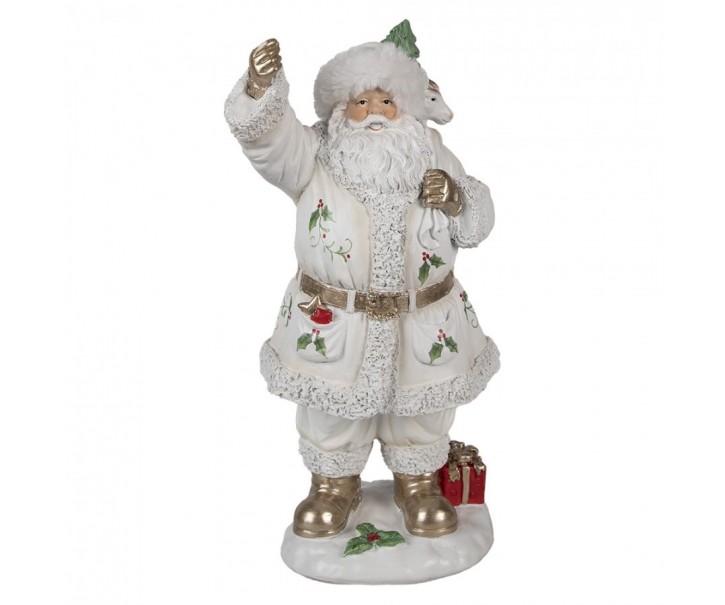 Bílá dekorace figurka Santa Claus s pytlem dárků - 14*16*31 cm Clayre & Eef