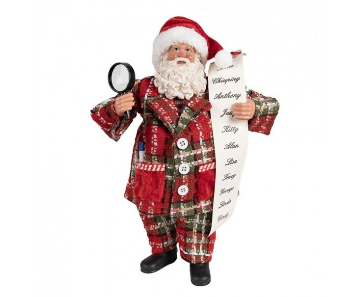 Vánoční dekorace Santa v pyžamu s lupou a seznamem jmen - 16*10*27 cm Clayre & Eef