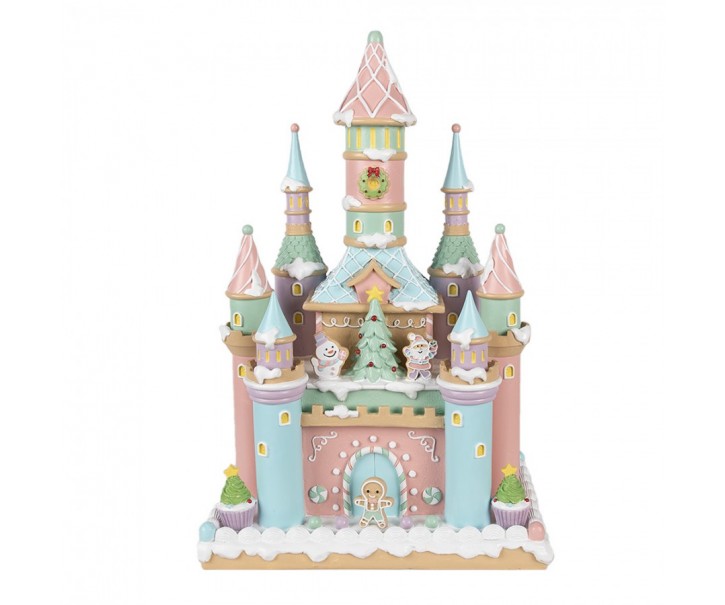 Růžovo-modrý pastelový perníkový zámek Gingerbread House - 27*18*42 cm Clayre & Eef