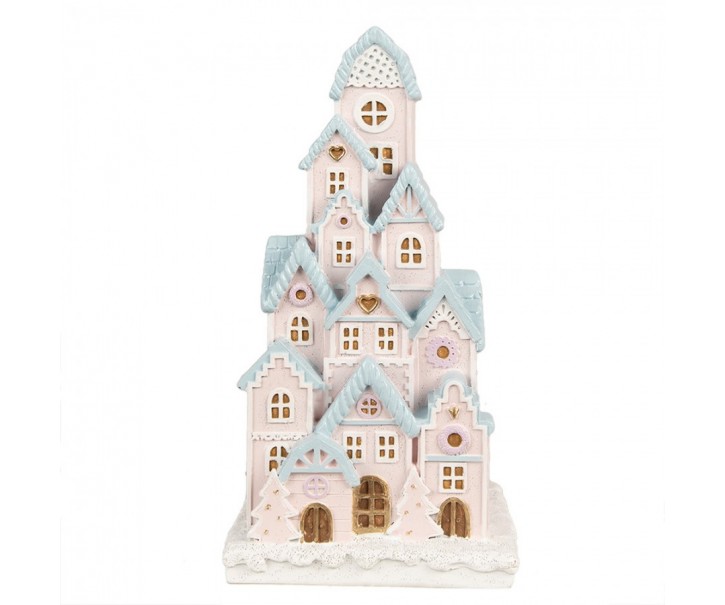 Růžovo-modrá svítící dekorace perníkové domky Gingerbread House - 13*13*26 cm Clayre & Eef