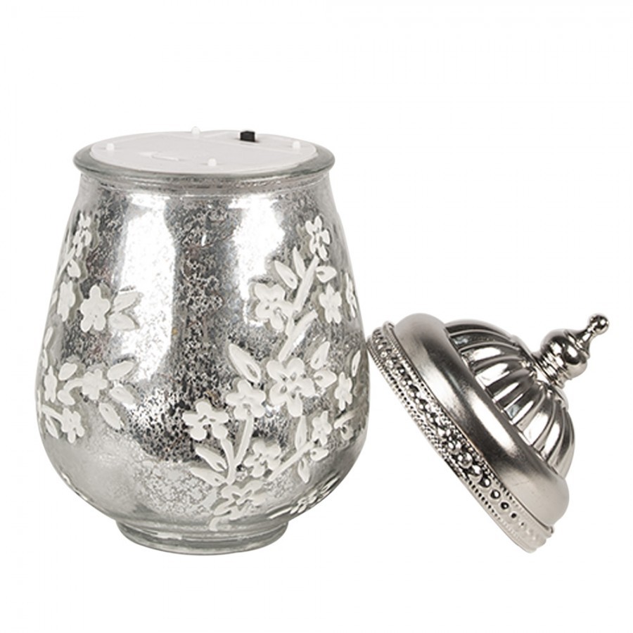 Stříbrná skleněná svítící LED lucerna s kvítky Balli - Ø 9*15 cm Clayre & Eef Stříbrná skleněná svítící LED lucerna s kvítky Balli - Ø 9*15 cm Clayre & Eef