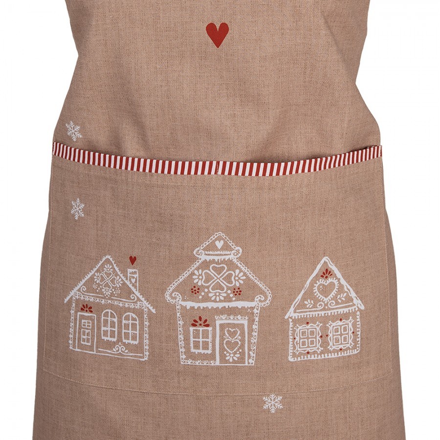 Hnědá kuchyňská zástěra s perníkovými chaloupkami Gingerbread Bliss - 70*85cm Clayre & Eef Hnědá kuchyňská zástěra s perníkovými chaloupkami Gingerbread Bliss - 70*85cm Clayre & Eef