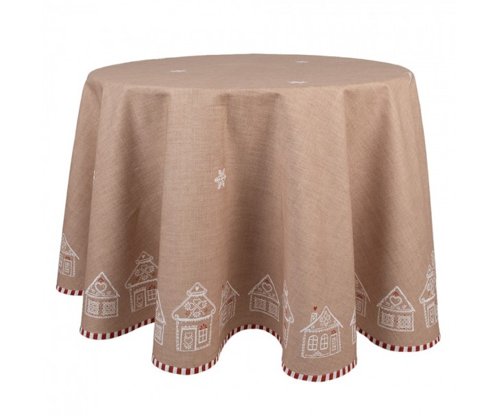 Hnědý kulatý ubrus s perníkovými chaloupkami Gingerbread Bliss - Ø 170 cm Clayre & Eef