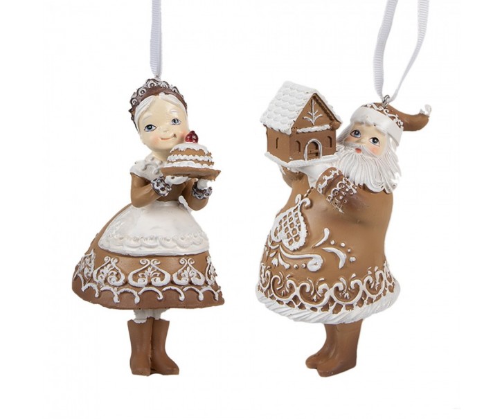 2ks hnědá vánoční ozdoba perníčkový Santa se Santovou - 9*7*13 cm / 8*6*13 cm Clayre & Eef