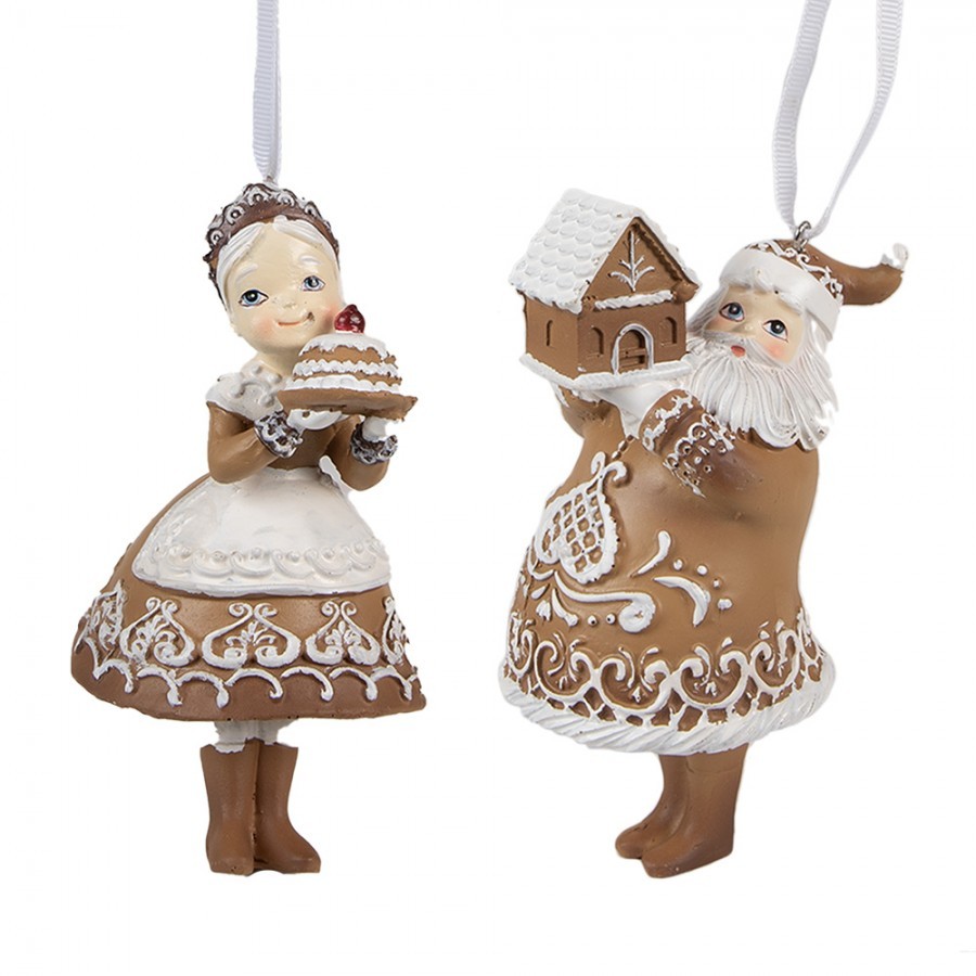 2ks hnědá vánoční ozdoba perníčkový Santa se Santovou - 9*7*13 cm / 8*6*13 cm