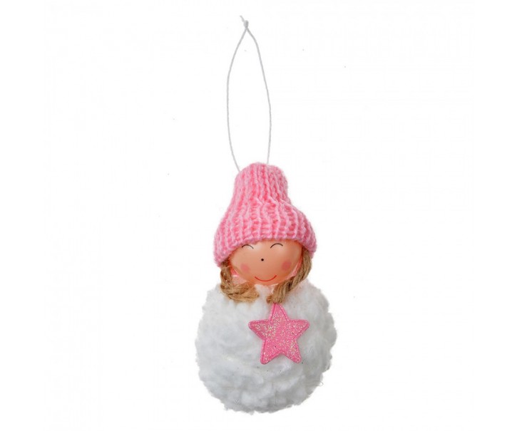 Bílo-růžová látková závěsná dekorace anděl s hvězdičkou - Ø 5 * 9 cm Clayre & Eef