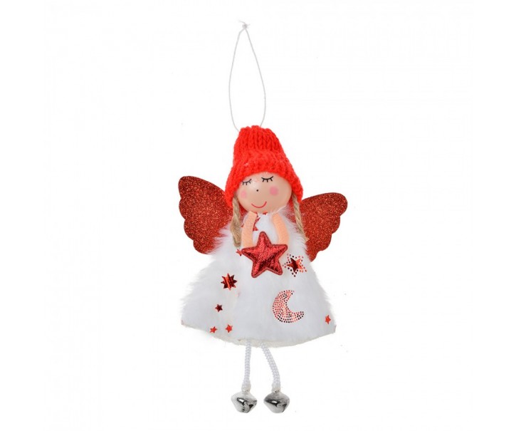 Bílo-červená látková závěsná dekorace anděl s hvězdičkou - 8*3*15 cm Clayre & Eef