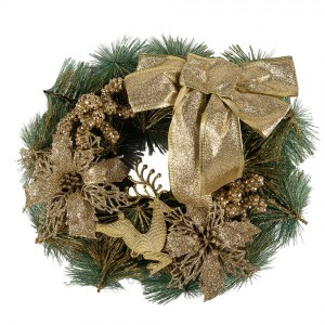 Zeleno-zlatý vánoční věnec s mašlí a jelenem Christmas Deer - Ø 30*7 cm