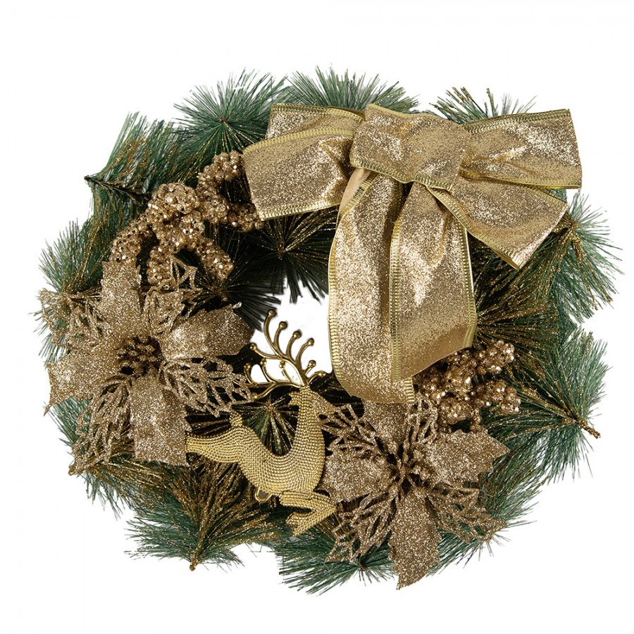 Zeleno-zlatý vánoční věnec s mašlí a jelenem Christmas Deer - Ø 30*7 cm