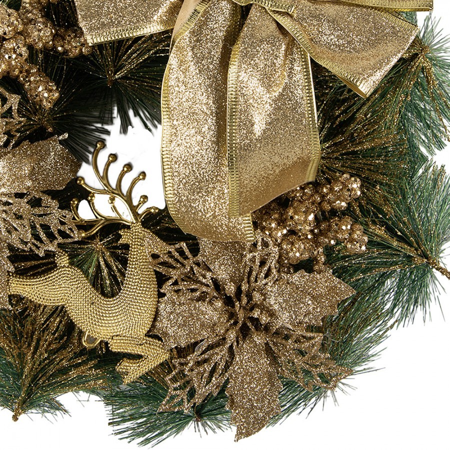 Zeleno-zlatý vánoční věnec s mašlí a jelenem Christmas Deer - Ø 30*7 cm Clayre & Eef Zeleno-zlatý vánoční věnec s mašlí a jelenem Christmas Deer - Ø 30*7 cm Clayre & Eef