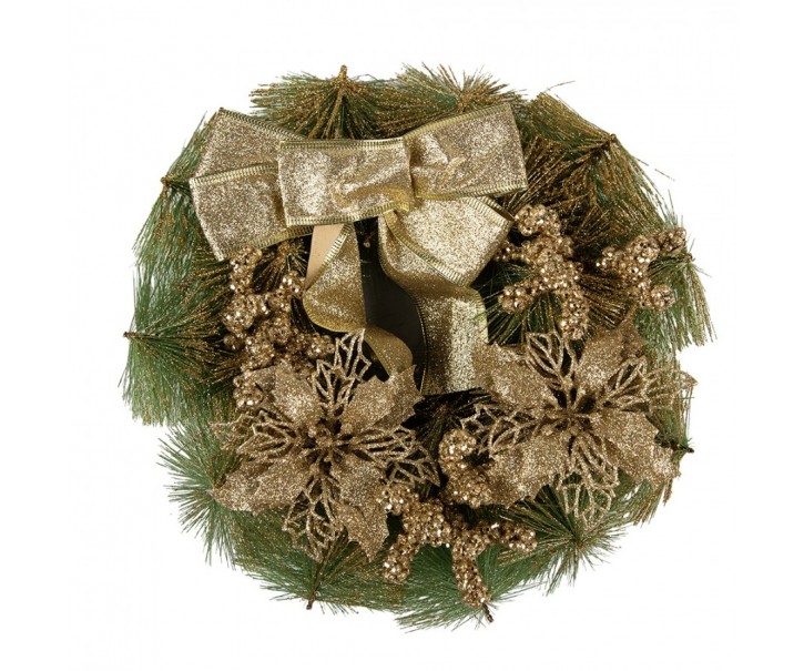 Zeleno-zlatý vánoční věnec s mašlí Christmas Wreath - Ø 30*7 cm Clayre & Eef