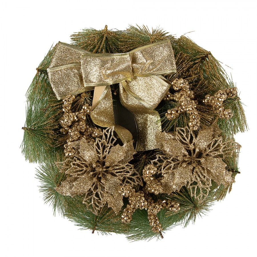 Zeleno-zlatý vánoční věnec s mašlí Christmas Wreath - Ø 30*7 cm