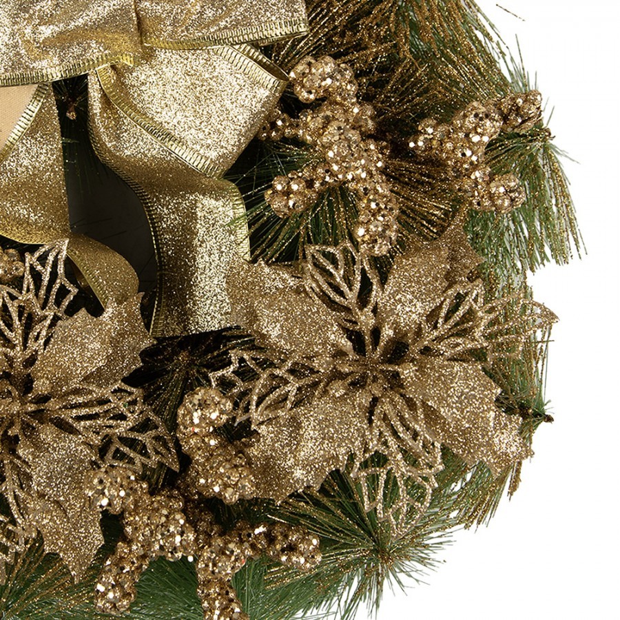 Zeleno-zlatý vánoční věnec s mašlí Christmas Wreath - Ø 30*7 cm Clayre & Eef Zeleno-zlatý vánoční věnec s mašlí Christmas Wreath - Ø 30*7 cm Clayre & Eef
