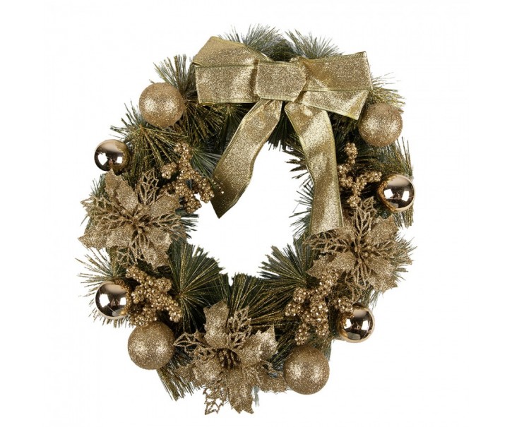 Zeleno-zlatý vánoční věnec s mašlí a koulemi Christmas Wreath - Ø 40*10 cm Clayre & Eef