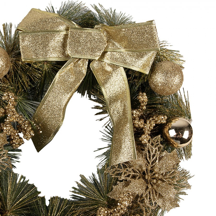 Zeleno-zlatý vánoční věnec s mašlí a koulemi Christmas Wreath - Ø 40*10 cm Clayre & Eef Zeleno-zlatý vánoční věnec s mašlí a koulemi Christmas Wreath - Ø 40*10 cm Clayre & Eef