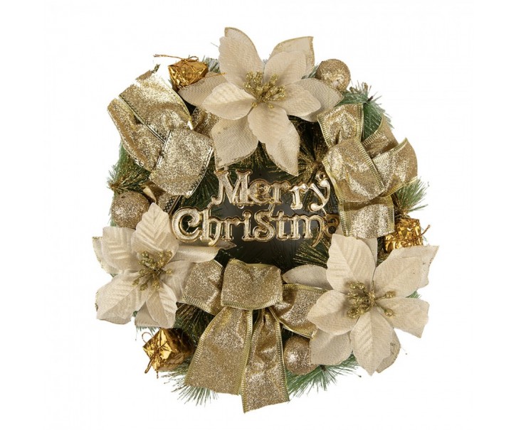 Zeleno-zlatý vánoční věnec s mašlemi Merry Christmas - Ø 30*8 cm Clayre & Eef