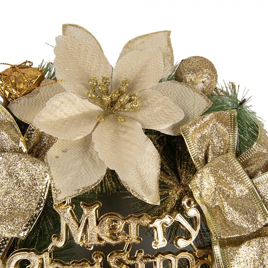 Zeleno-zlatý vánoční věnec s mašlemi Merry Christmas - Ø 30*8 cm Clayre & Eef Zeleno-zlatý vánoční věnec s mašlemi Merry Christmas - Ø 30*8 cm Clayre & Eef