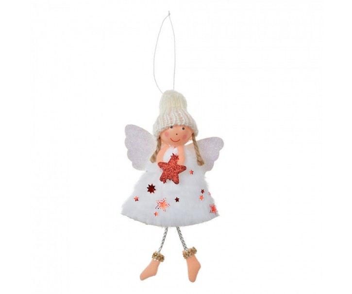 Bílá látková závěsná dekorace anděl s hvězdičkou - 8*3*15 cm Clayre & Eef
