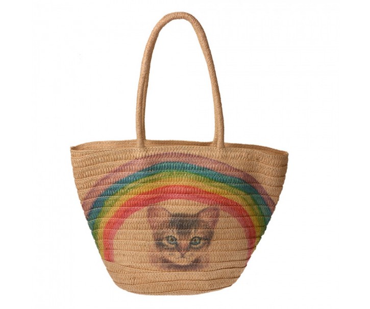 Hnědá plážová taška s kočkou a duhou Beach Bag - 44*27*30 cm Clayre & Eef