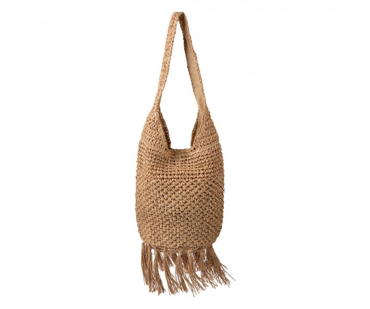 Hnědá plážová taška kabelka s třásněmi Beach Bag - 35*17*35 cm Clayre & Eef