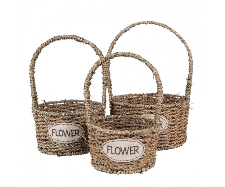 3ks pletený košík s uchy Flower - Ø 22*12/32 / Ø 19*11/27 / Ø 16*10/24 cm Clayre & Eef