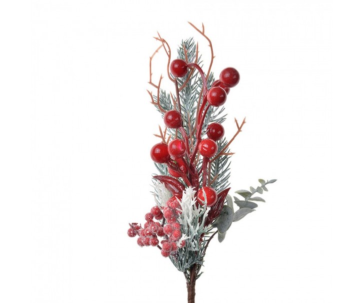 Dekorace zápich vánoční větvička s červenými kuličkami - 8*7*27 cm Clayre & Eef