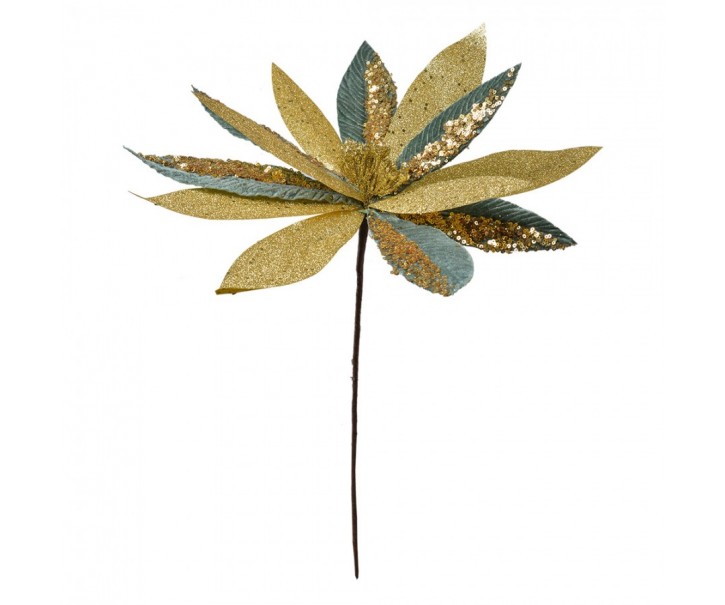 Dekorace zápich zeleno-zlatá květina vánoční hvězda Poinsettia - Ø 40*47 cm Clayre & Eef