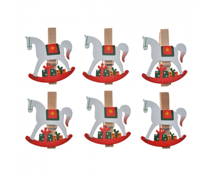 Set 6ks malý dřevěný kolíček s houpacími koníky - 4*1*4 cm Clayre & Eef