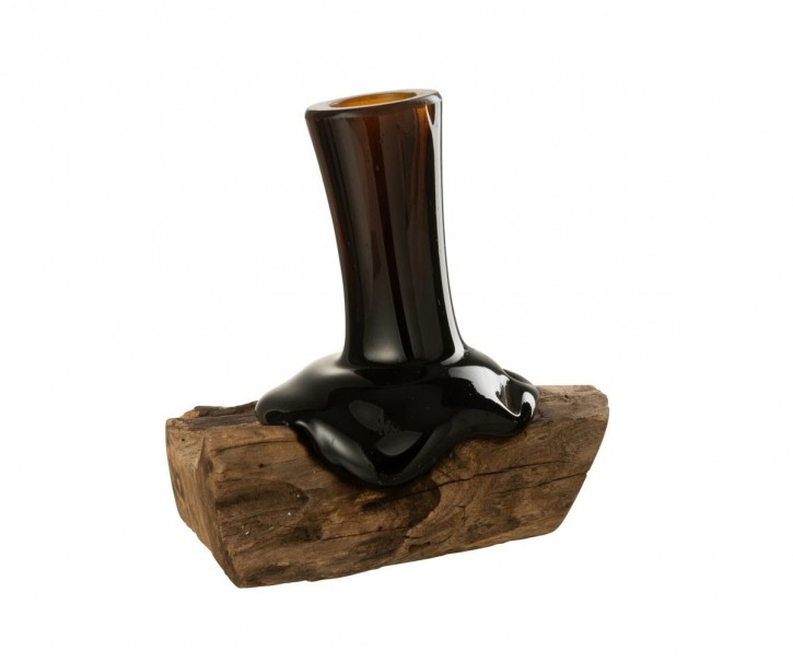 Hnědá váza z recyklovaného skla na dřevu Gamal - 16*12*19 cm J-Line by Jolipa