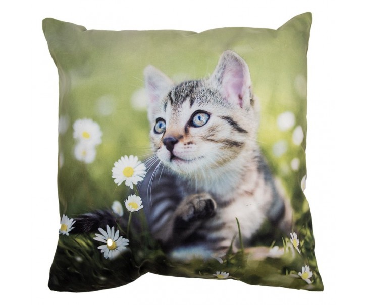 Zelený povlak na polštář s koťátkem na louce - 45*45 cm Clayre & Eef