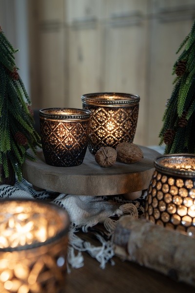 Hnědo černo zlatý skleněný svícen Tealight - 9*9 cm Clayre & Eef Hnědo černo zlatý skleněný svícen Tealight - 9*9 cm Clayre & Eef