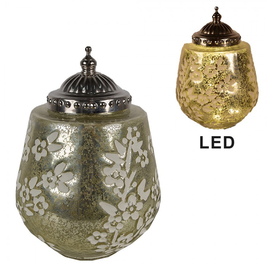 Zelená skleněná svítící LED lucerna s kvítky Balli - Ø 13*19 cm Clayre & Eef Zelená skleněná svítící LED lucerna s kvítky Balli - Ø 13*19 cm Clayre & Eef
