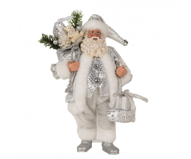 Dekorace Santa ve stříbrném obleku s pytlem dárků - 18*11*28 cm Clayre & Eef