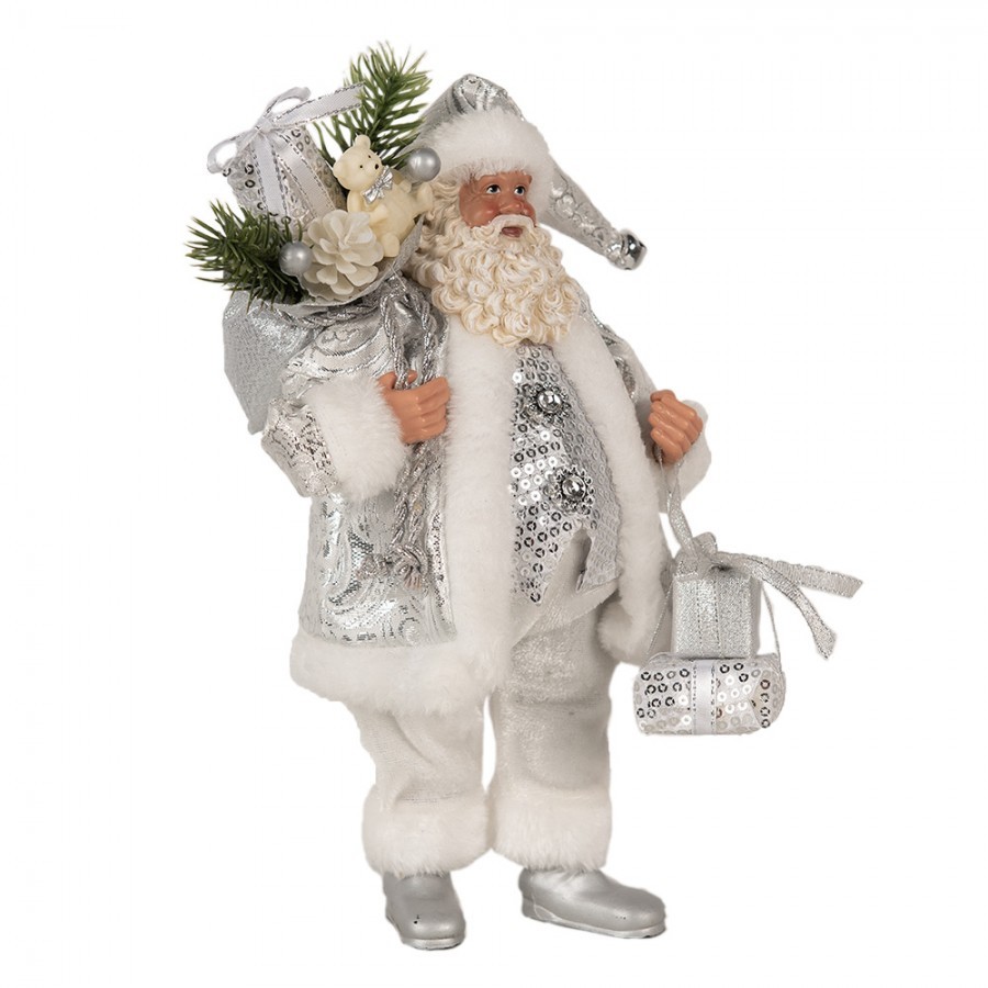 Dekorace Santa ve stříbrném obleku s pytlem dárků - 18*11*28 cm Clayre & Eef Dekorace Santa ve stříbrném obleku s pytlem dárků - 18*11*28 cm Clayre & Eef