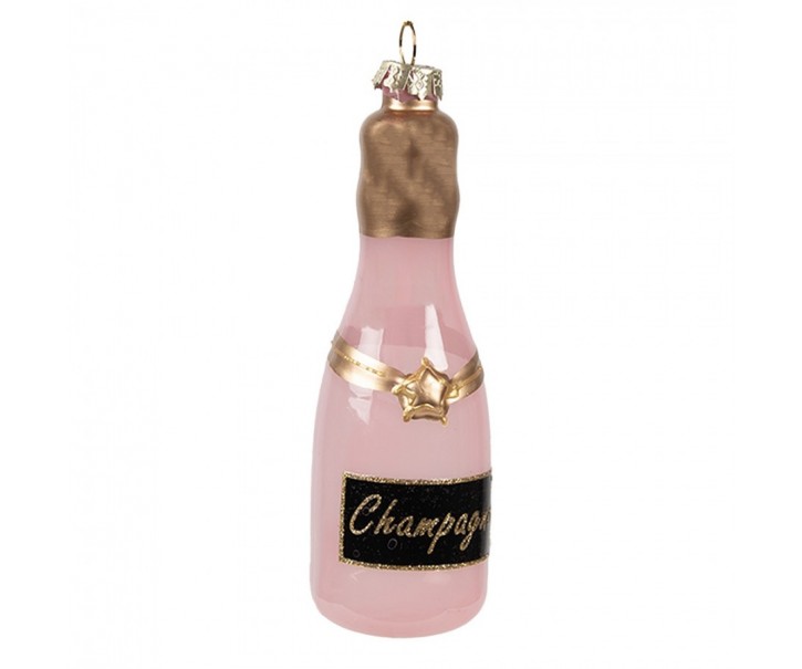 Růžová vánoční skleněná ozdoba láhev šampaňské Champagne - Ø 4*12 cm Clayre & Eef